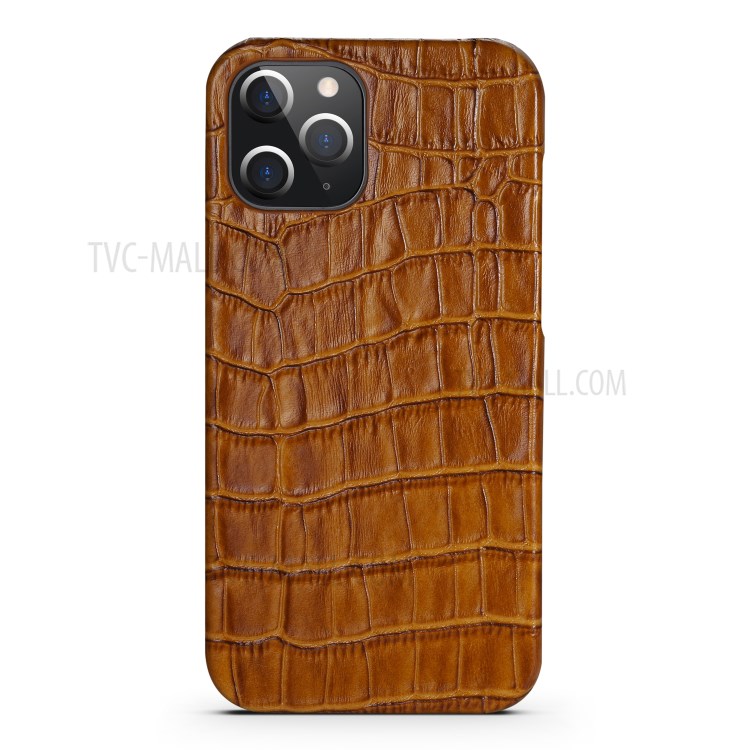 Crocodile Texture Genuine Leather Coated Plastic Phone Case for iPhone 12 Pro/12 - Brown-2