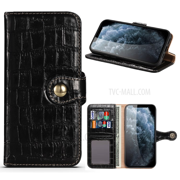 Crocodile Skin Wallet Stand Leather Phone Cover Case for iPhone 12 5.4-inch - Black-1