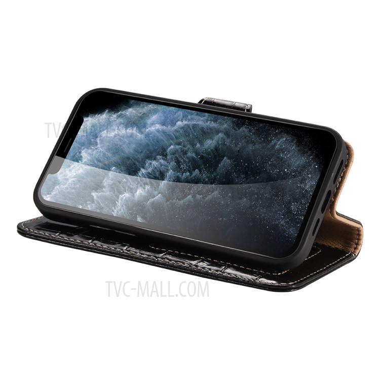 Crocodile Skin Wallet Stand Leather Phone Cover Case for iPhone 12 5.4-inch - Black-4