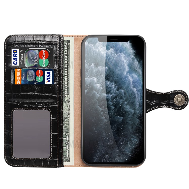 Crocodile Skin Wallet Stand Leather Phone Cover Case for iPhone 12 5.4-inch - Black-5