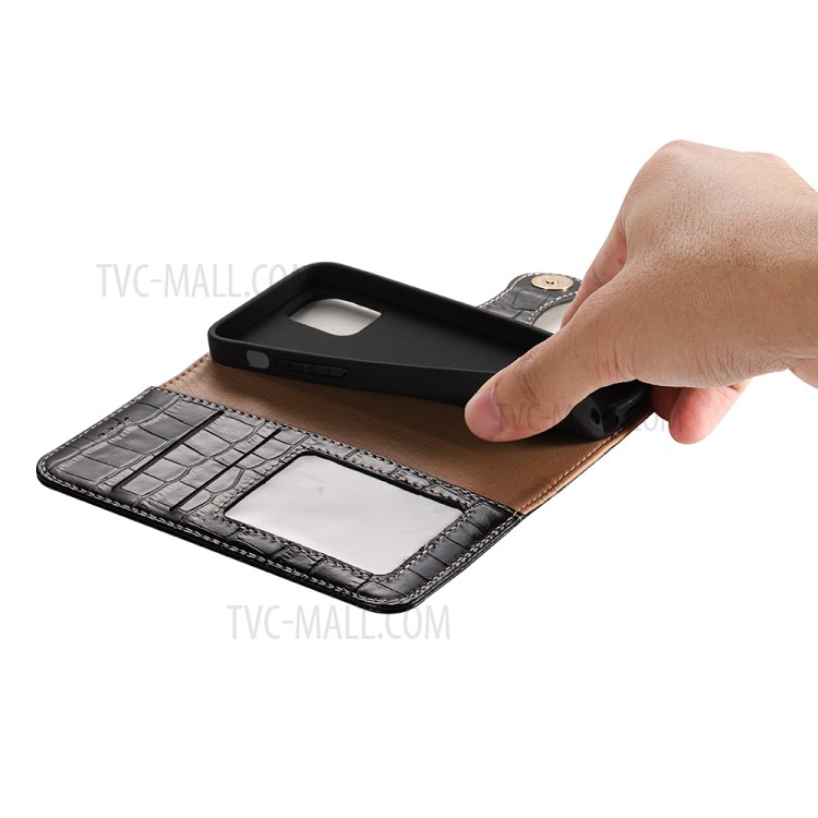 Crocodile Skin Wallet Stand Leather Phone Cover Case for iPhone 12 5.4-inch - Black-6