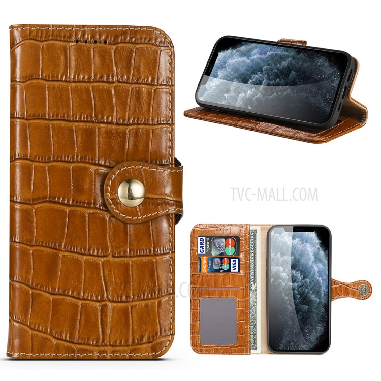Crocodile Skin Wallet Stand Leather Phone Cover Case for iPhone 12 mini - Brown-1