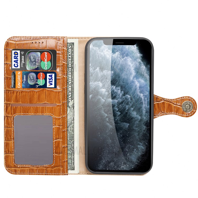 Crocodile Skin Wallet Stand Leather Phone Cover Case for iPhone 12 mini - Brown-5