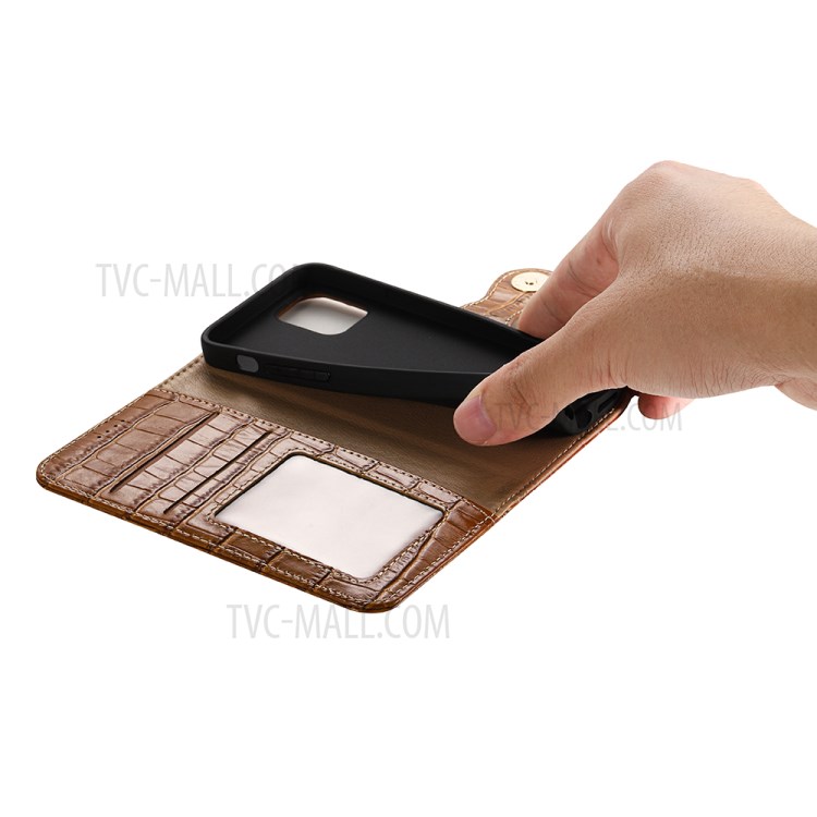 Crocodile Skin Wallet Stand Leather Phone Cover Case for iPhone 12 mini - Brown-6