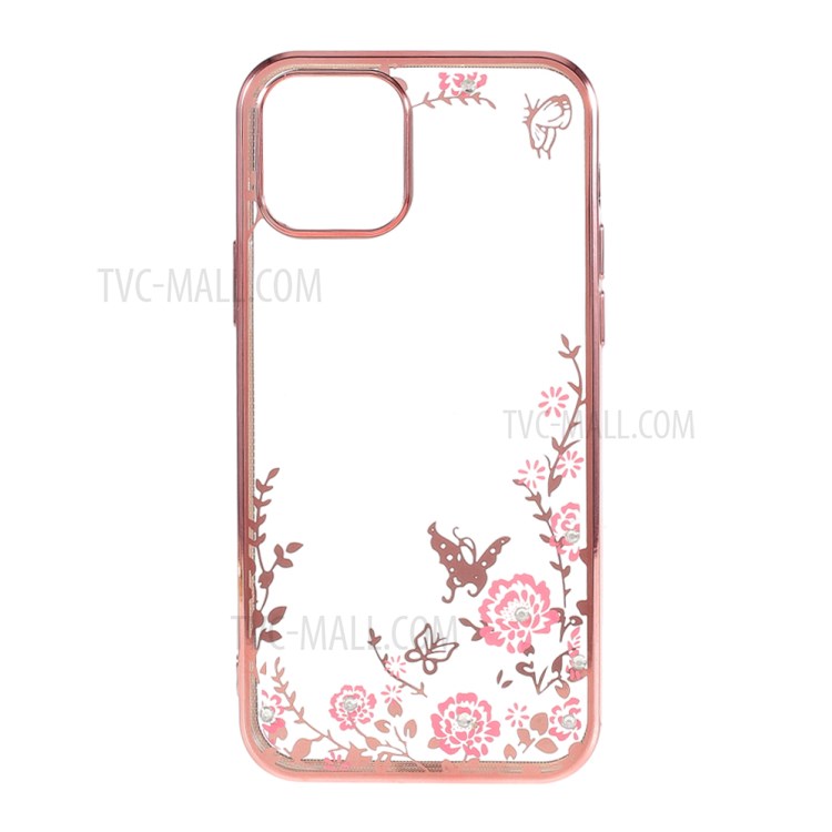 Floral Pattern Printed Electroplated Rhinestone TPU Case for iPhone 12 Max/12 Pro 6.1 inch - Rose Gold-1