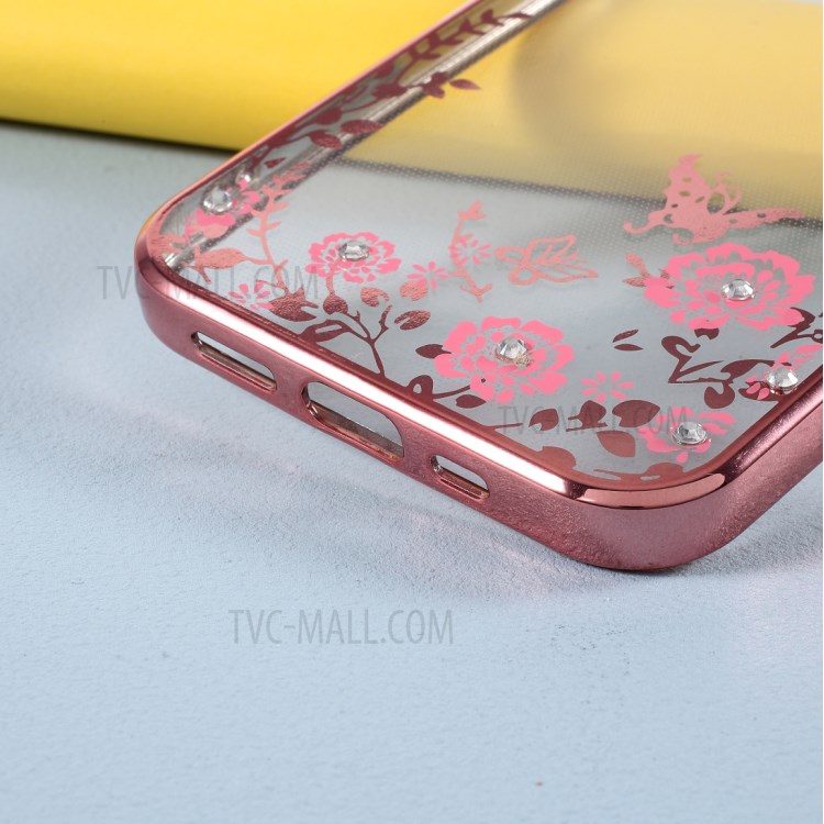 Floral Pattern Printed Electroplated Rhinestone TPU Case for iPhone 12 Max/12 Pro 6.1 inch - Rose Gold-4