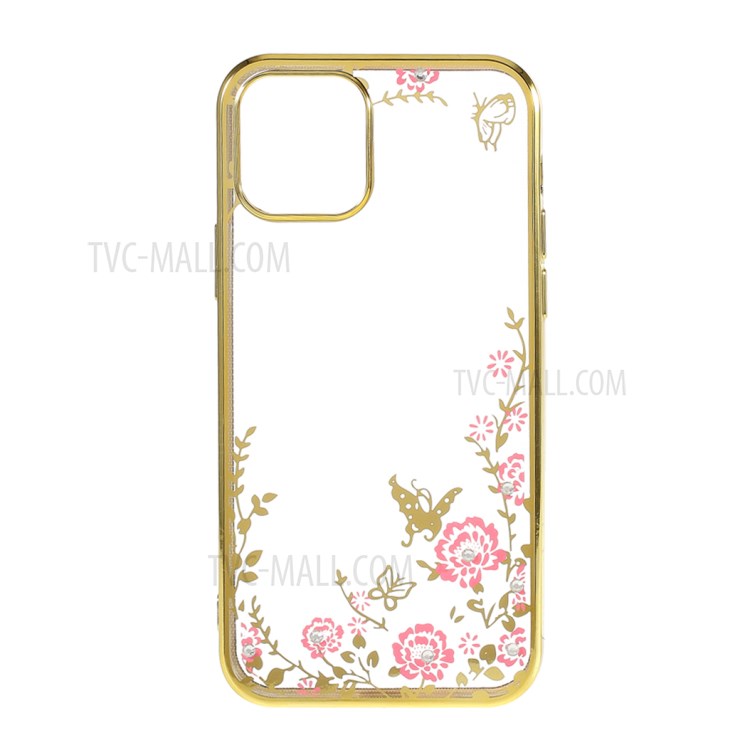 Floral Pattern Printed Electroplated Rhinestone TPU Case for iPhone 12 Pro/12 - Gold-1