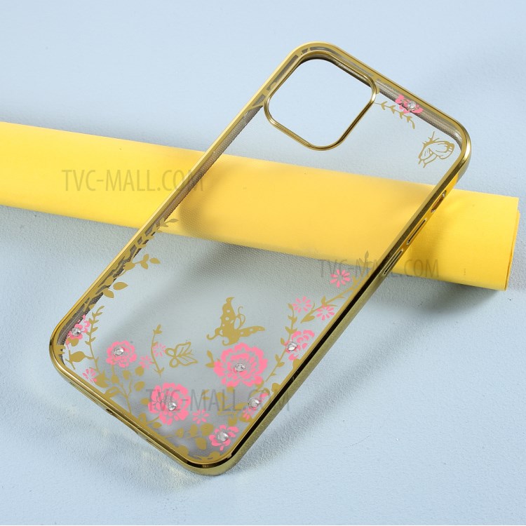 Floral Pattern Printed Electroplated Rhinestone TPU Case for iPhone 12 Pro/12 - Gold-2