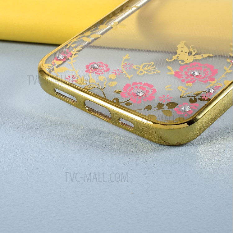 Floral Pattern Printed Electroplated Rhinestone TPU Case for iPhone 12 Pro/12 - Gold-4