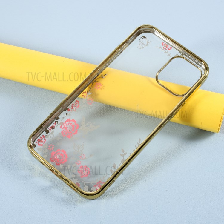 Floral Pattern Printed Electroplated Rhinestone TPU Case for iPhone 12 Pro/12 - Gold-5