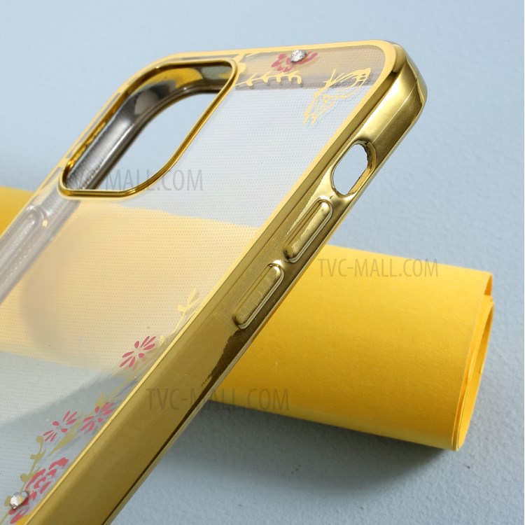 Floral Pattern Printed Electroplated Rhinestone TPU Case for iPhone 12 Pro/12 - Gold-6