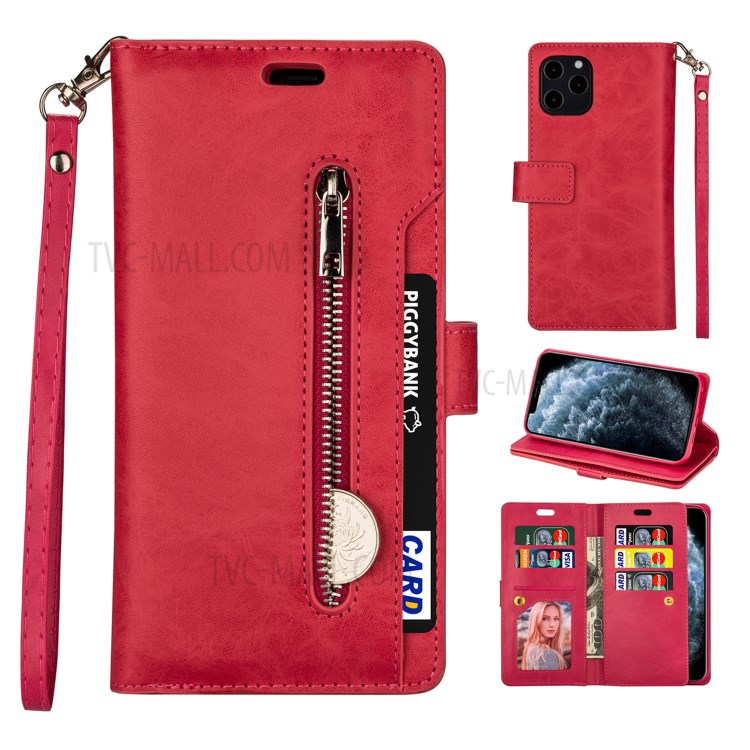 Zippered Multi-slot with Wallet Leather Cover for iPhone 12 Pro Max 6.7 inch - Red-1