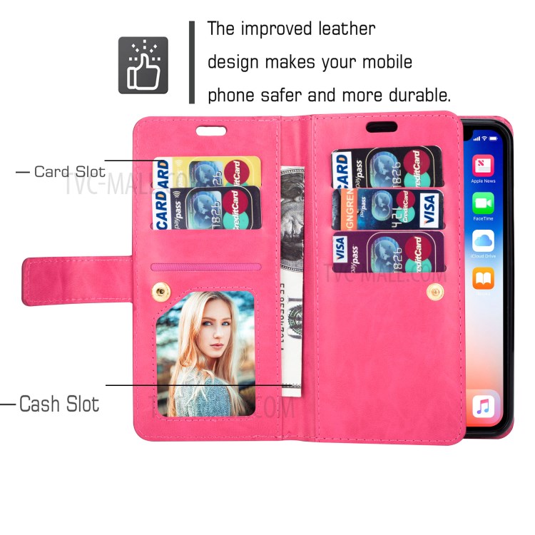 Zippered Multi-slot with Wallet Leather Cover for iPhone 12 Pro Max 6.7 inch - Red-7