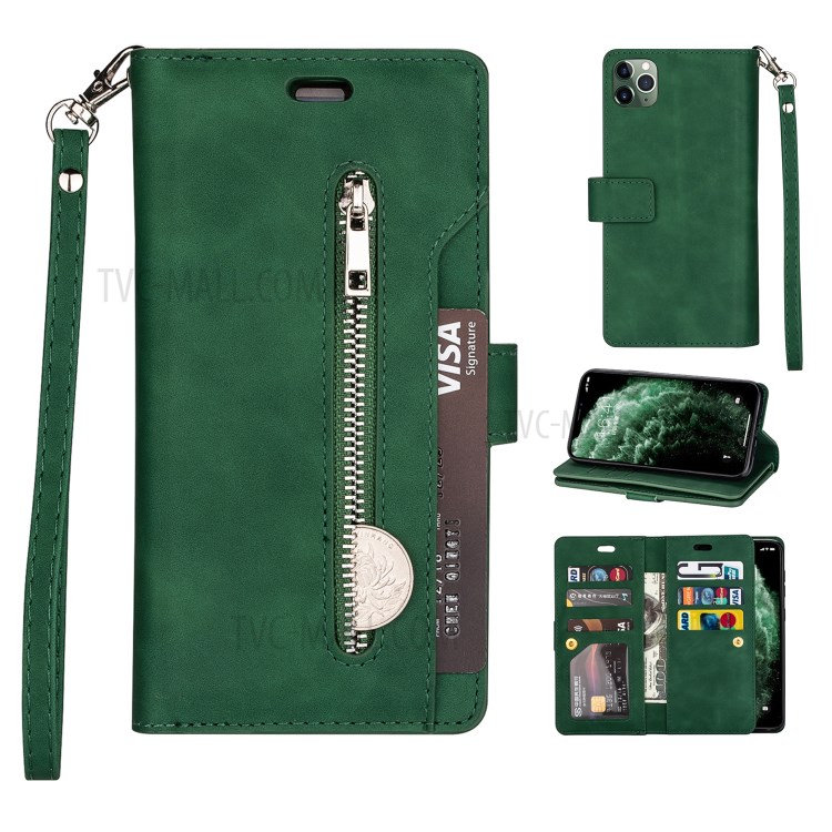 Zippered Multi-slot with Wallet Leather Cover for iPhone 12 Pro Max 6.7 inch - Dark Green-1