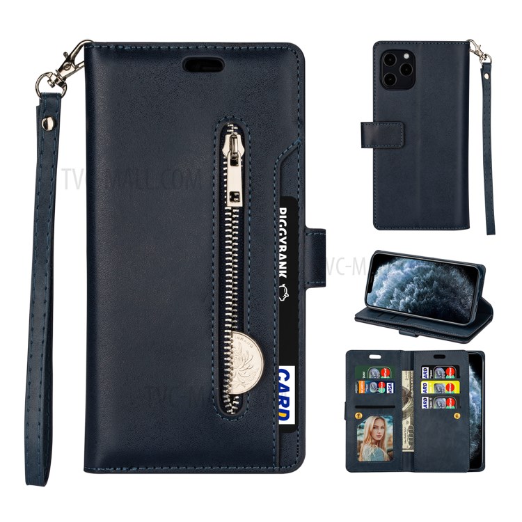 Zippered Multi-slot with Wallet Leather Cover for iPhone 12 Pro Max 6.7 inch - Dark Blue-1