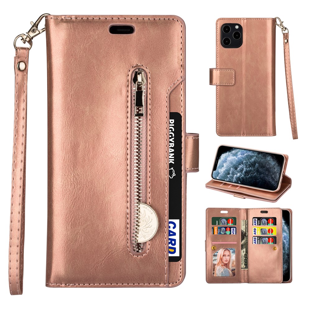 Multiple Card Slots Leather Wallet Cover for iPhone 12 Pro/12 - Rose Gold-1