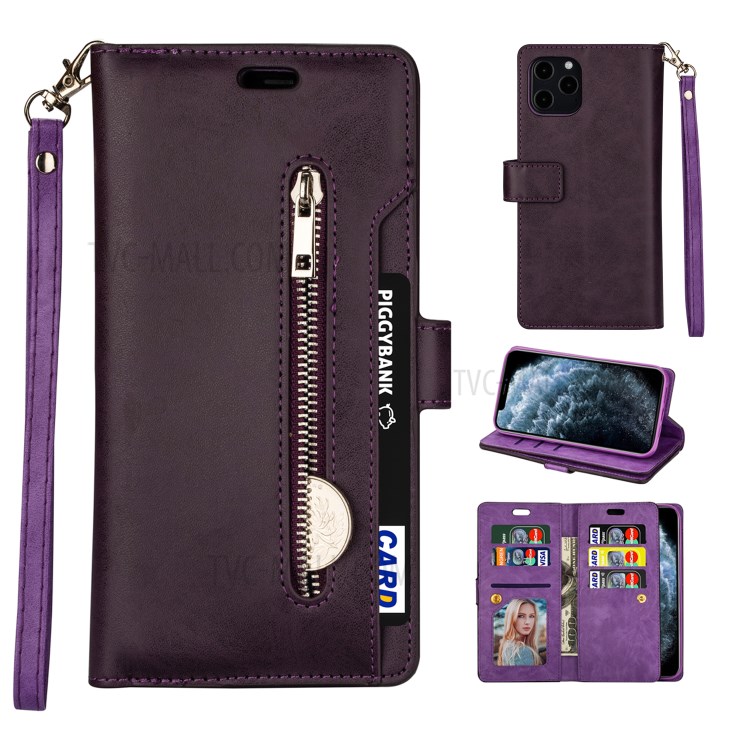 Multiple Card Slots Leather Wallet Cover for iPhone 12 Pro/12 - Purple-1
