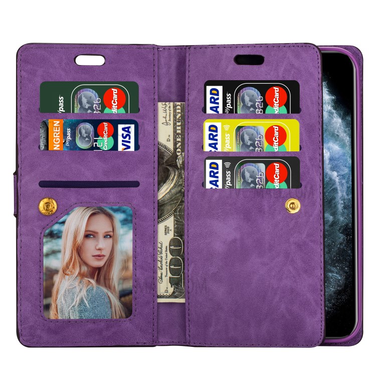 Multiple Card Slots Leather Wallet Cover for iPhone 12 Pro/12 - Purple-4