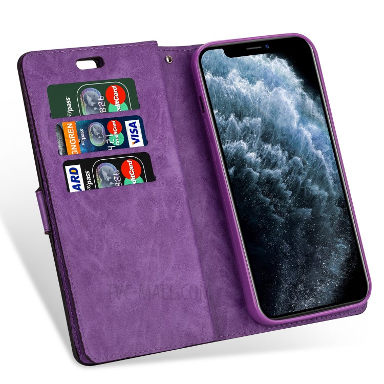 Multiple Card Slots Leather Wallet Cover for iPhone 12 Pro/12 - Purple-6