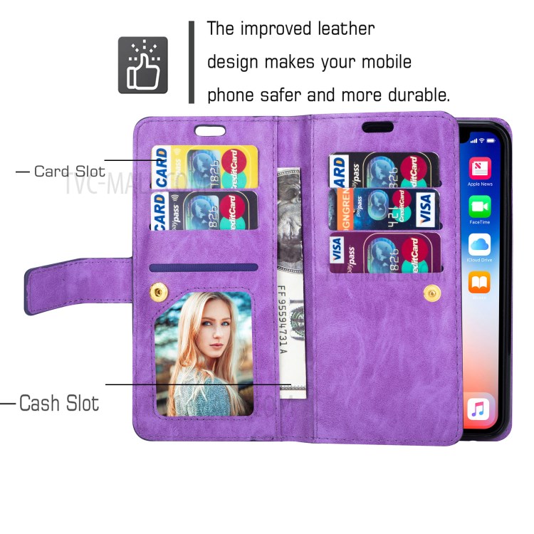 Multiple Card Slots Leather Wallet Cover for iPhone 12 Pro/12 - Purple-7