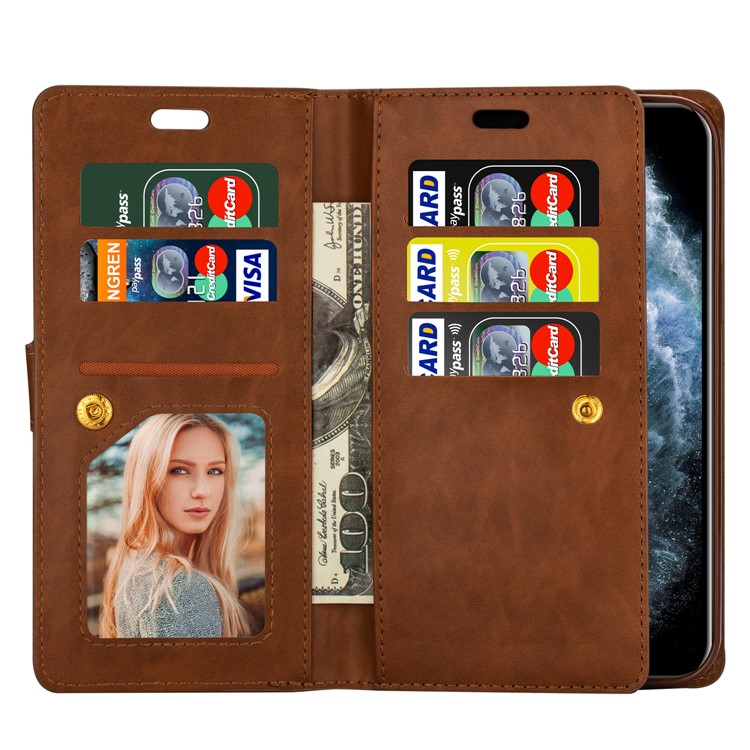 Multi-function Slots Leather Wallet Unique Case for iPhone 12 mini - Brown-4