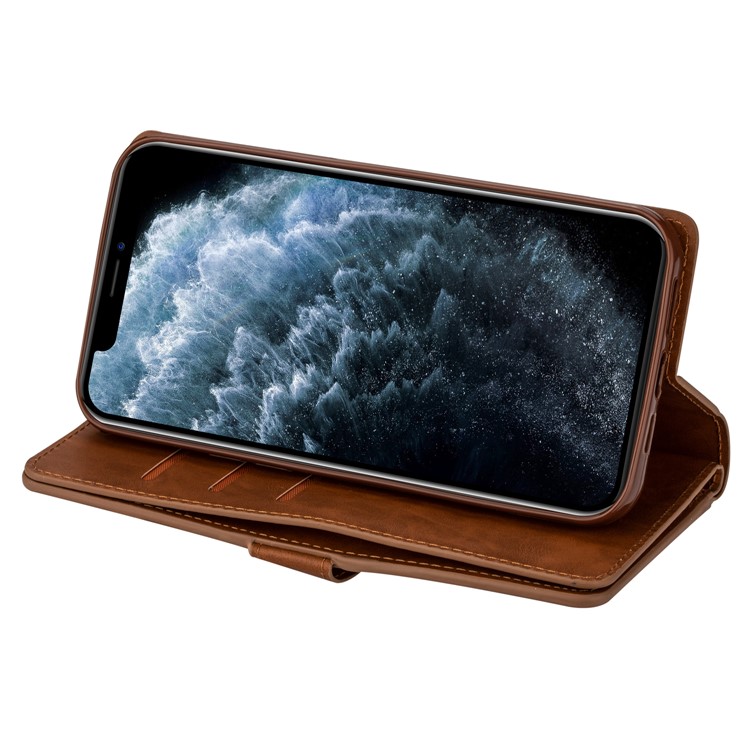 Multi-function Slots Leather Wallet Unique Case for iPhone 12 mini - Brown-5