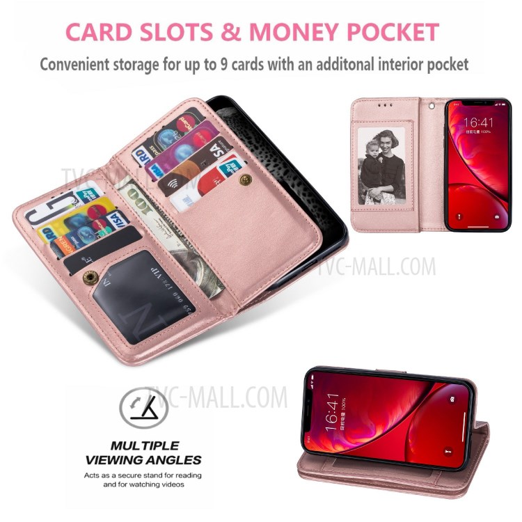 Leather Wallet Stand Phone Case with 9 Card Slots for iPhone 12 mini - Rose Gold-10