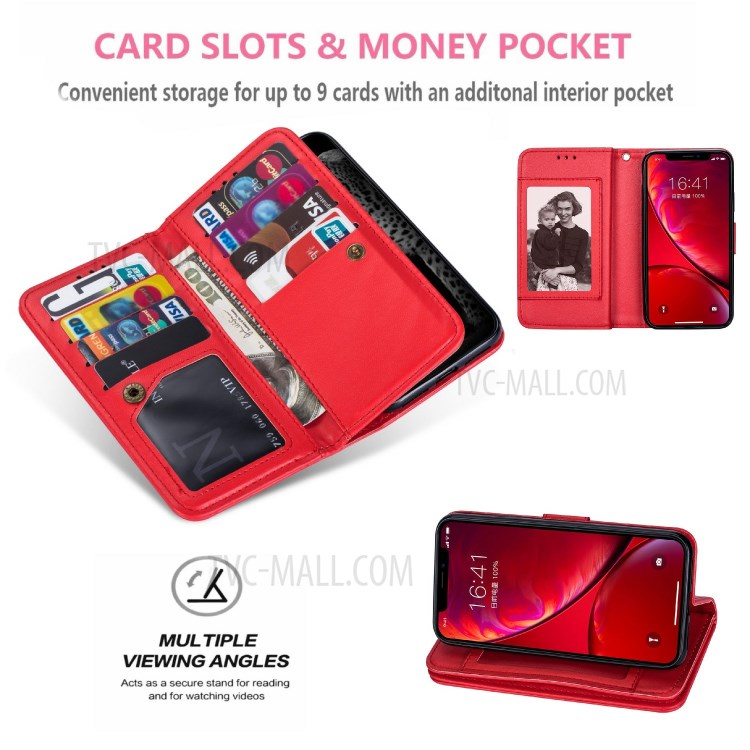 Leather Wallet Stand Phone Case with 9 Card Slots for iPhone 12 Pro/12 - Red-10