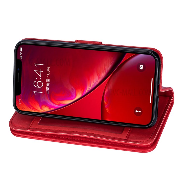 Leather Wallet Stand Phone Case with 9 Card Slots for iPhone 12 Pro/12 - Red-5