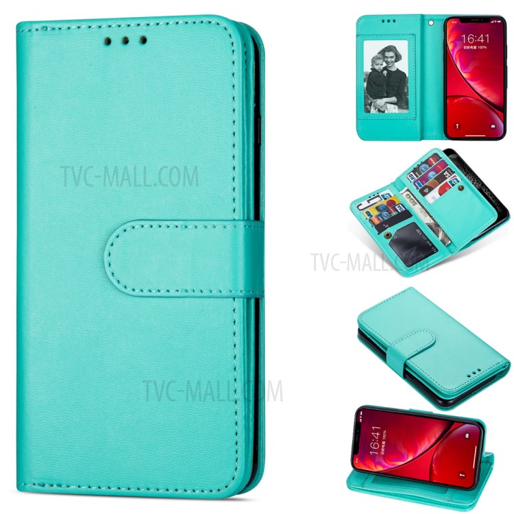 Leather Wallet Stand Phone Case with 9 Card Slots for iPhone 12 Pro/12 - Cyan-1