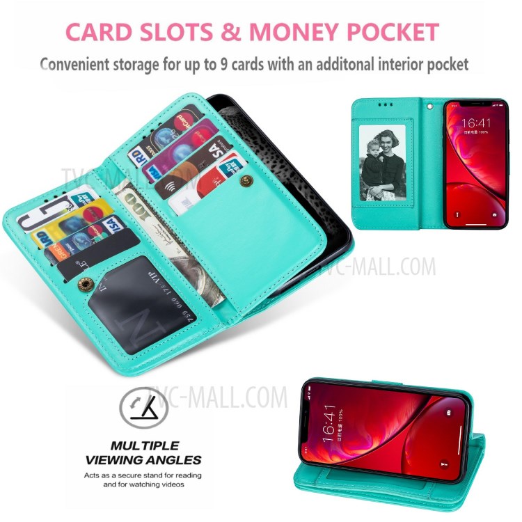 Leather Wallet Stand Phone Case with 9 Card Slots for iPhone 12 Pro/12 - Cyan-10