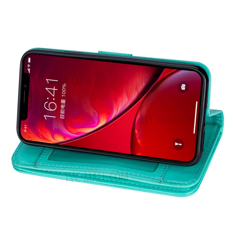 Leather Wallet Stand Phone Case with 9 Card Slots for iPhone 12 Pro/12 - Cyan-5