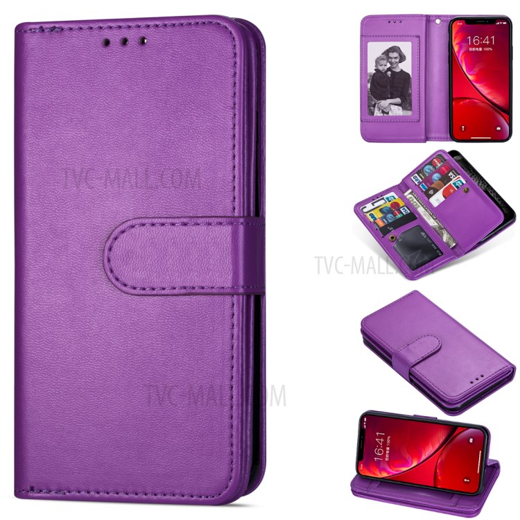 Leather Wallet Stand Phone Case with 9 Card Slots for iPhone 12 Pro/12 - Purple-1