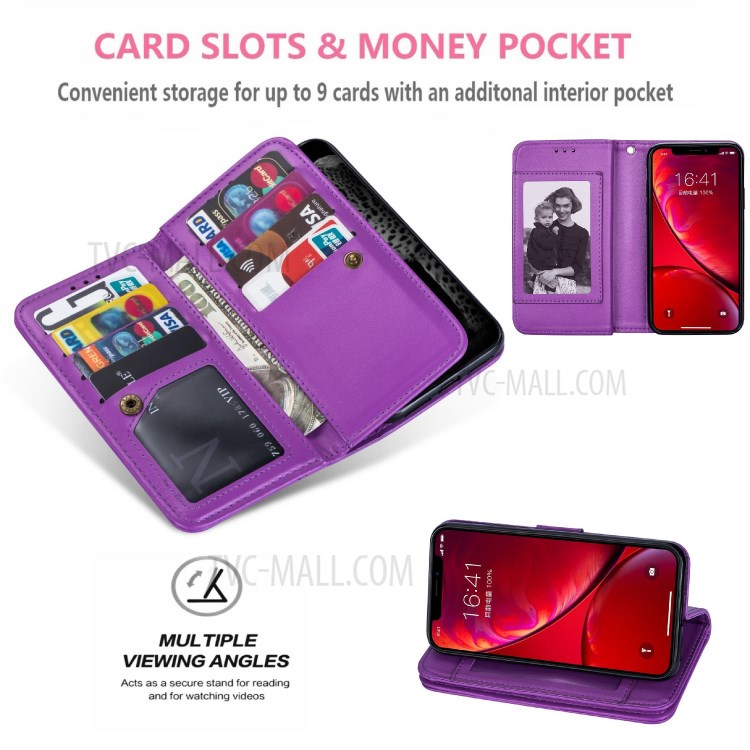 Leather Wallet Stand Phone Case with 9 Card Slots for iPhone 12 Pro/12 - Purple-10