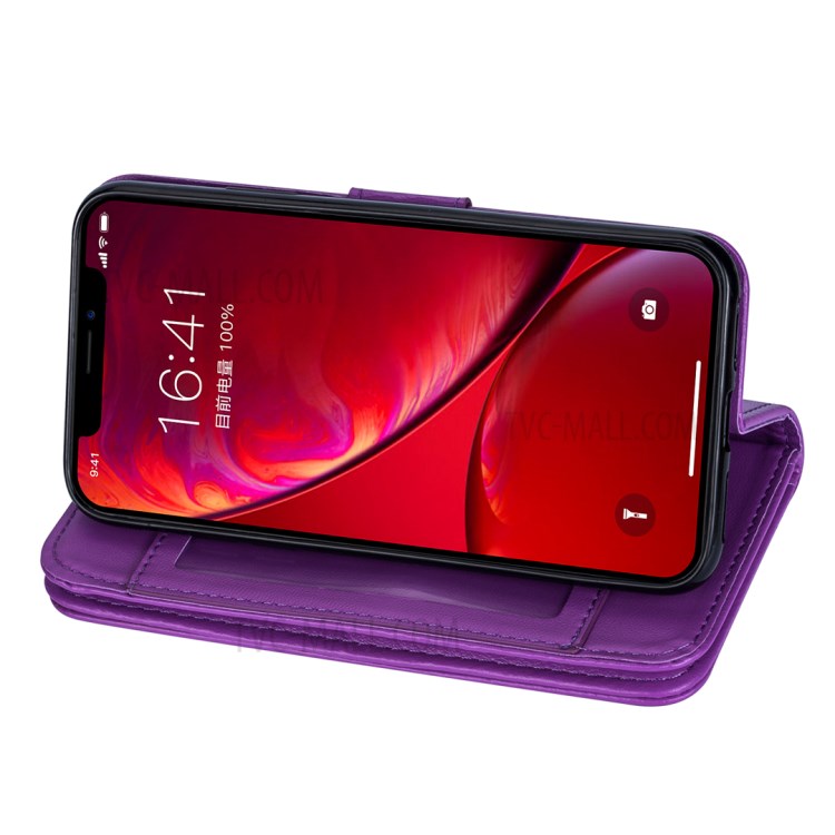 Leather Wallet Stand Phone Case with 9 Card Slots for iPhone 12 Pro/12 - Purple-7