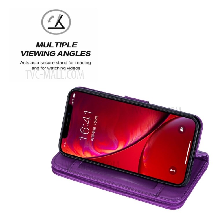 Leather Wallet Stand Phone Case with 9 Card Slots for iPhone 12 Pro/12 - Purple-9