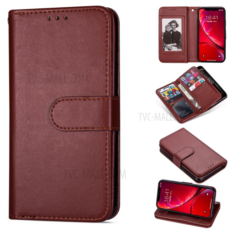 Leather Wallet Stand Phone Case with 9 Card Slots for iPhone 12 Pro/12 - Brown-1