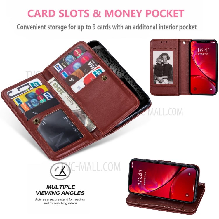 Leather Wallet Stand Phone Case with 9 Card Slots for iPhone 12 Pro/12 - Brown-10