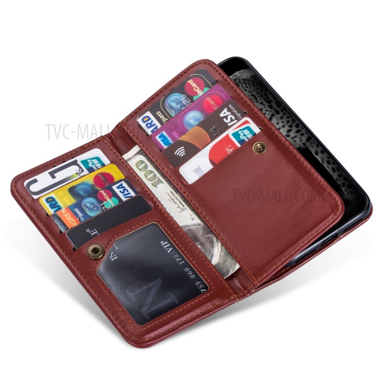 Leather Wallet Stand Phone Case with 9 Card Slots for iPhone 12 Pro/12 - Brown-7