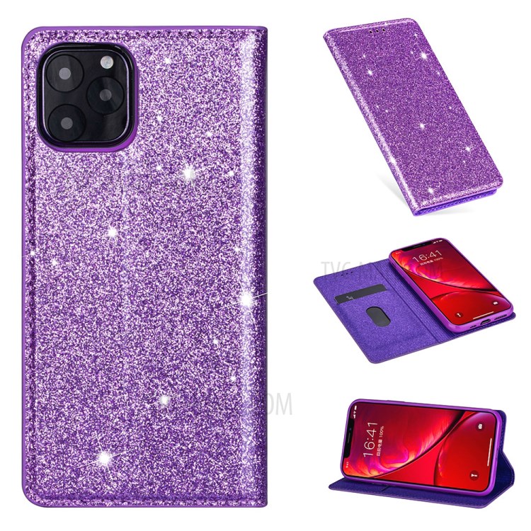Flash Powder Stand Leather Card Holder Case for iPhone 12 mini - Purple-1