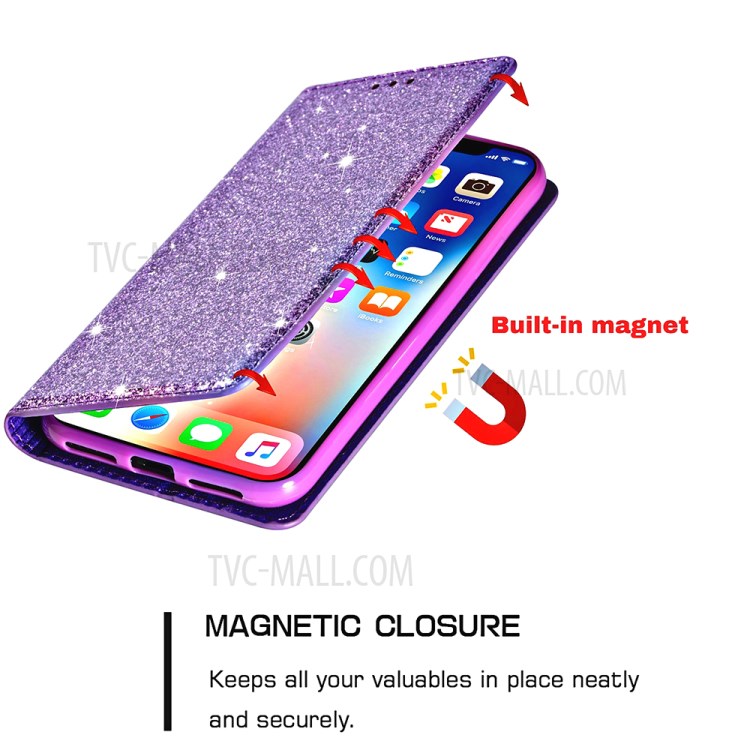 Flash Powder Stand Leather Card Holder Case for iPhone 12 mini - Purple-8