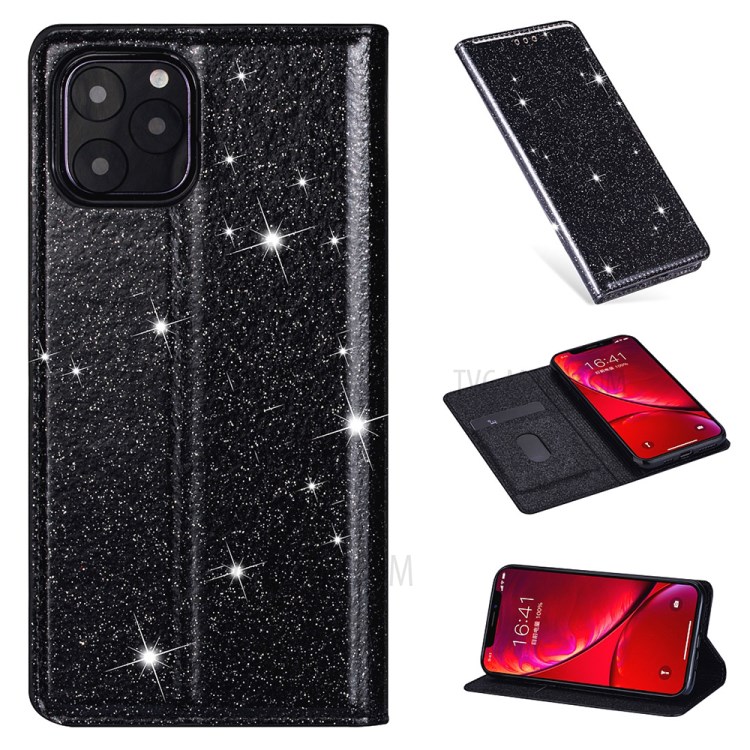 Flash Powder Stand Leather Card Holder Case for iPhone 12 Pro/12 - Black-1