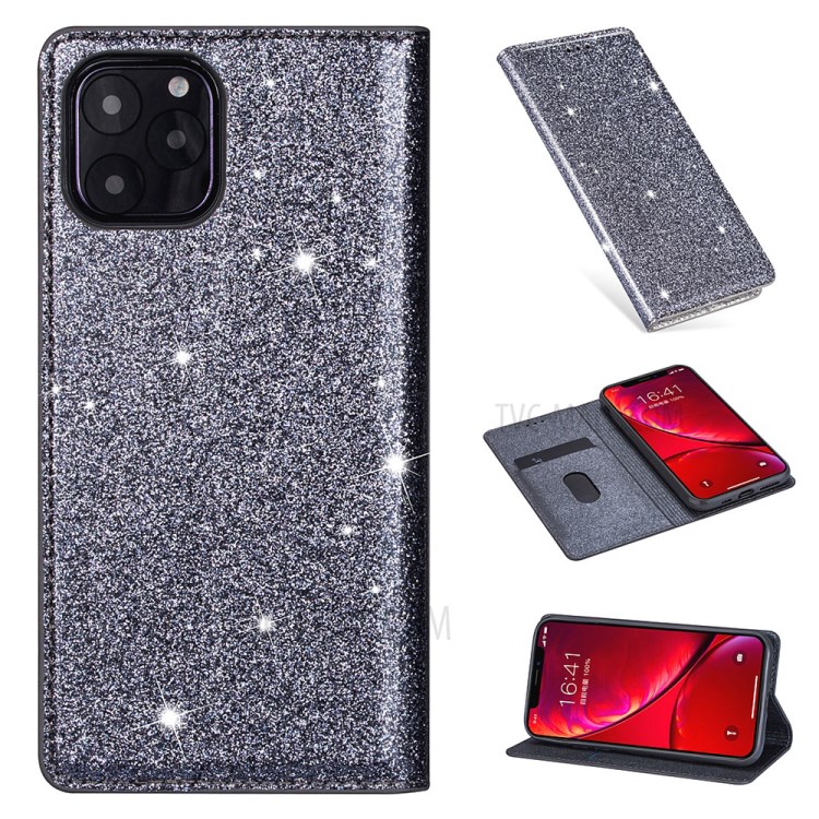 Flash Powder Stand Leather Card Holder Case for iPhone 12 Pro/12 - Grey-1