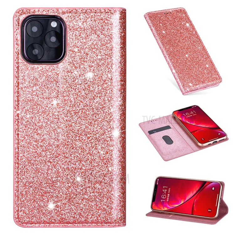 Flash Powder Stand Leather Card Holder Case for iPhone 12 Pro Max 6.7-inch - Rose Gold-1