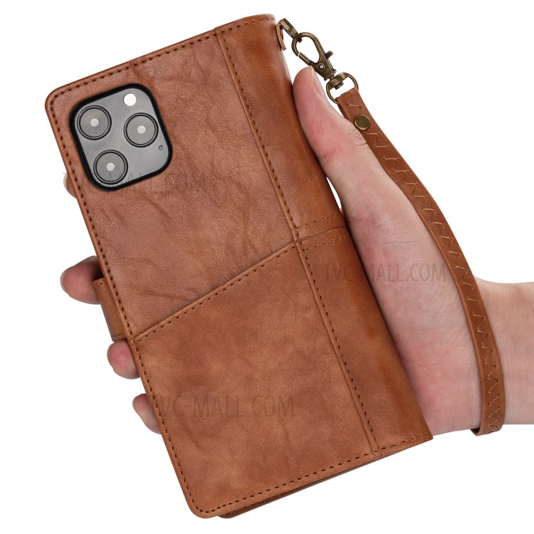 Retro Metal Buckle Wallet Stand Leather Phone Case with Lanyard for iPhone 12 mini - Brown-7