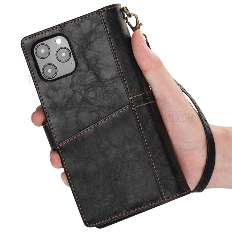 Retro Metal Buckle Wallet Stand Leather Phone Case with Lanyard for iPhone 12 Max/12 Pro 6.1 inch - Black-7