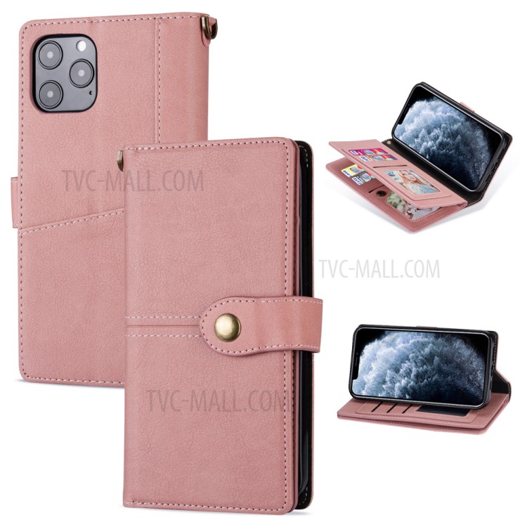 Retro Metal Buckle Wallet Stand Leather Phone Shell with Lanyard for iPhone 12 Pro Max 6.7 inch - Pink-1