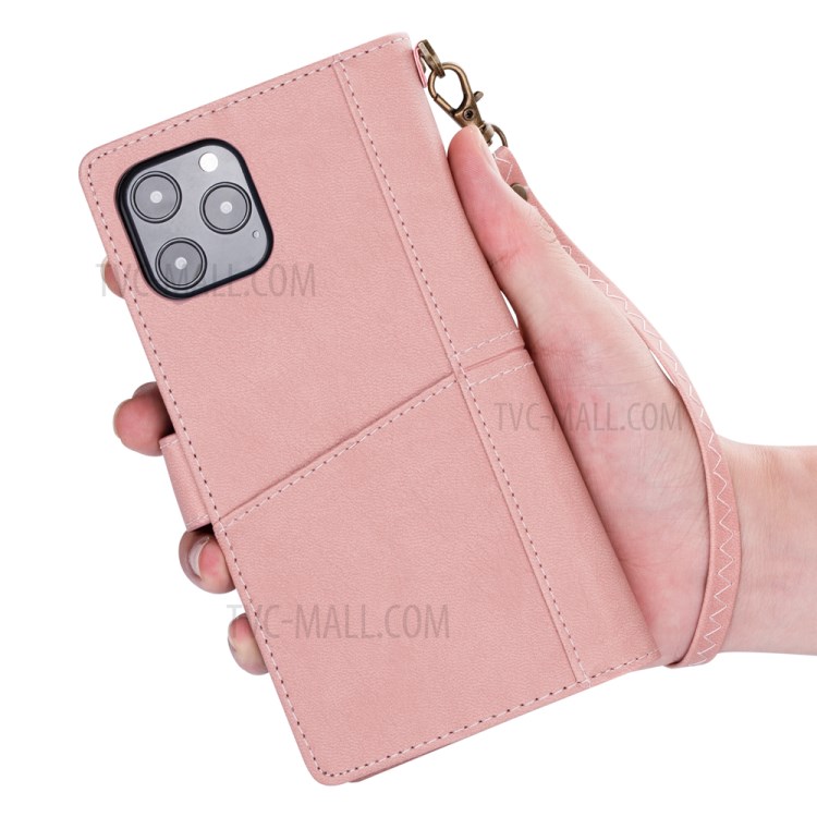 Retro Metal Buckle Wallet Stand Leather Phone Shell with Lanyard for iPhone 12 Pro Max 6.7 inch - Pink-7
