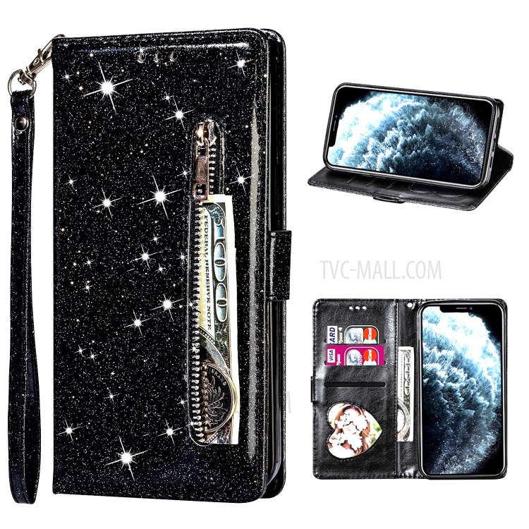 Flash Powder Zipper Pocket Wallet Flip Leather Phone Case with Strap for iPhone 12 5.4 inch - Black-1