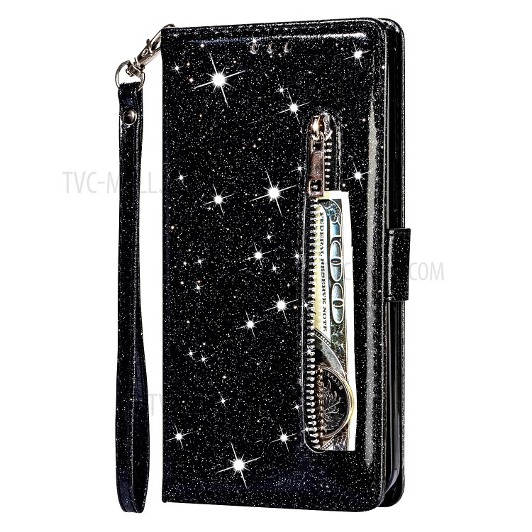 Flash Powder Zipper Pocket Wallet Flip Leather Phone Case with Strap for iPhone 12 5.4 inch - Black-2